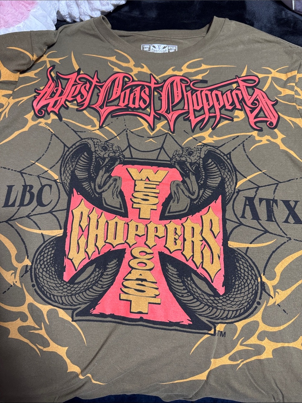 West Coast Choppers Men's Short-Sleeve Graphic Tee — Olive with Red & Gold Print